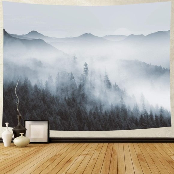 Realistic Foggy Forest Tree Peaceful Wilderness Landscape Dorm Art Wall Tapestry - Picture 2 of 6